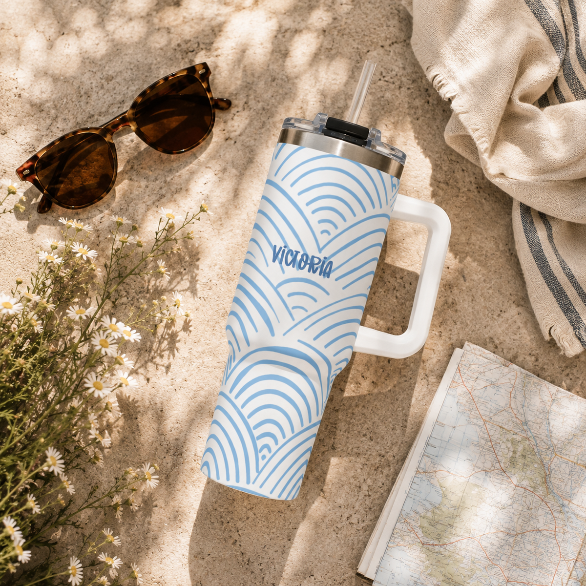 Personalized 40oz Tumbler with Handle - Blue Rainbow Arch Custom Name