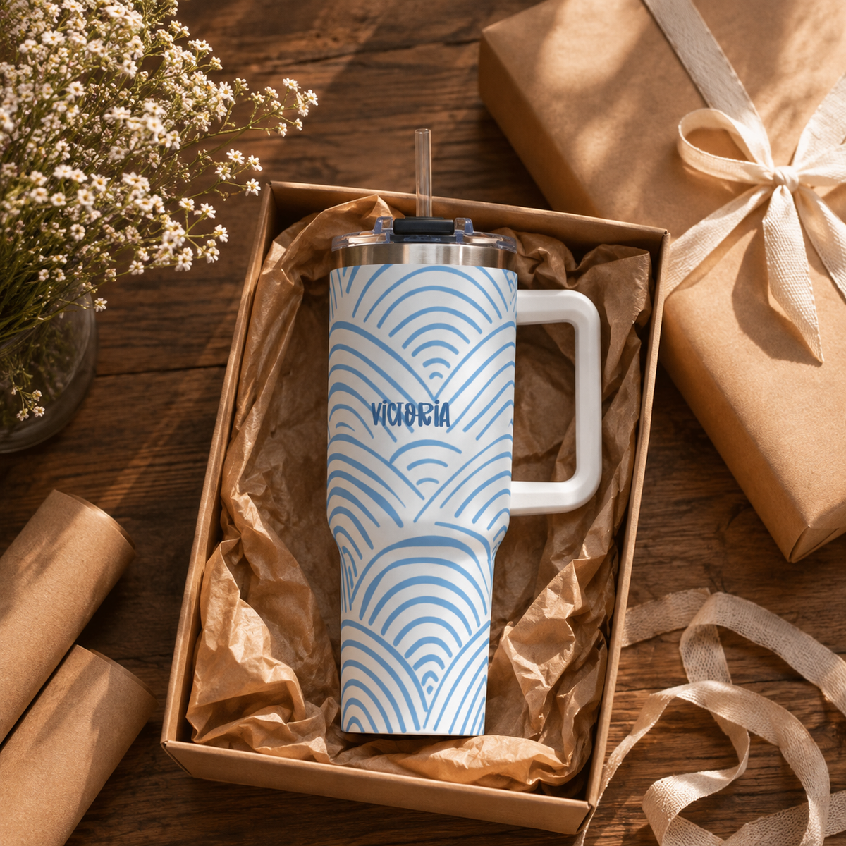 Personalized 40oz Tumbler with Handle - Blue Rainbow Arch Custom Name