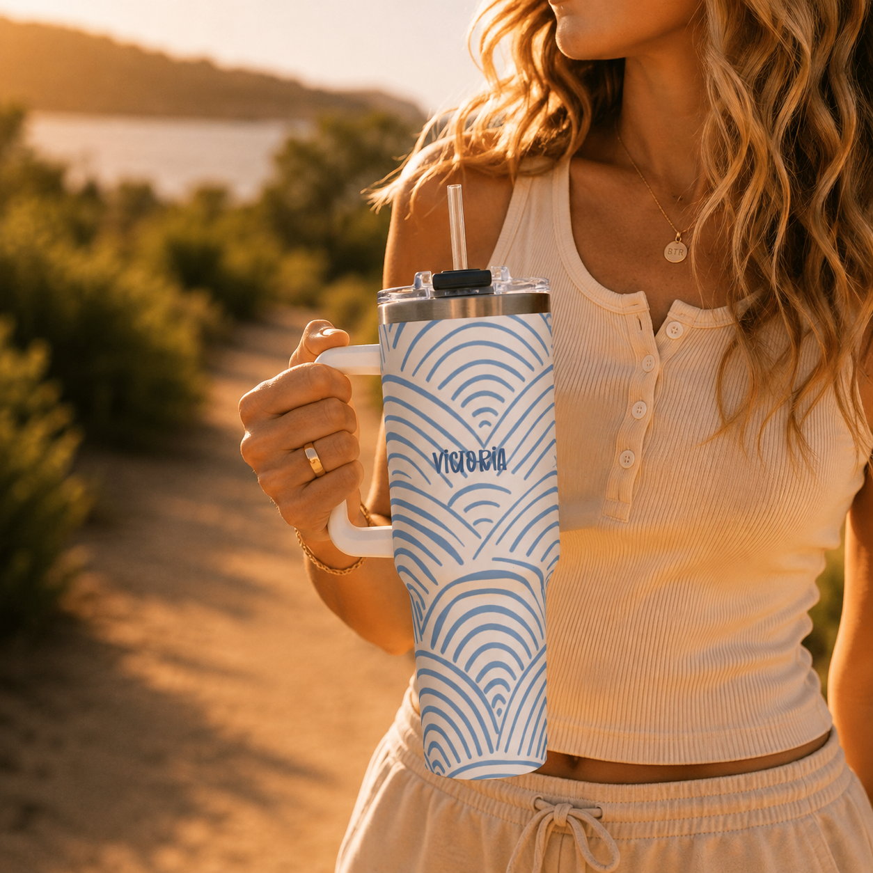 Personalized 40oz Tumbler with Handle - Blue Rainbow Arch Custom Name