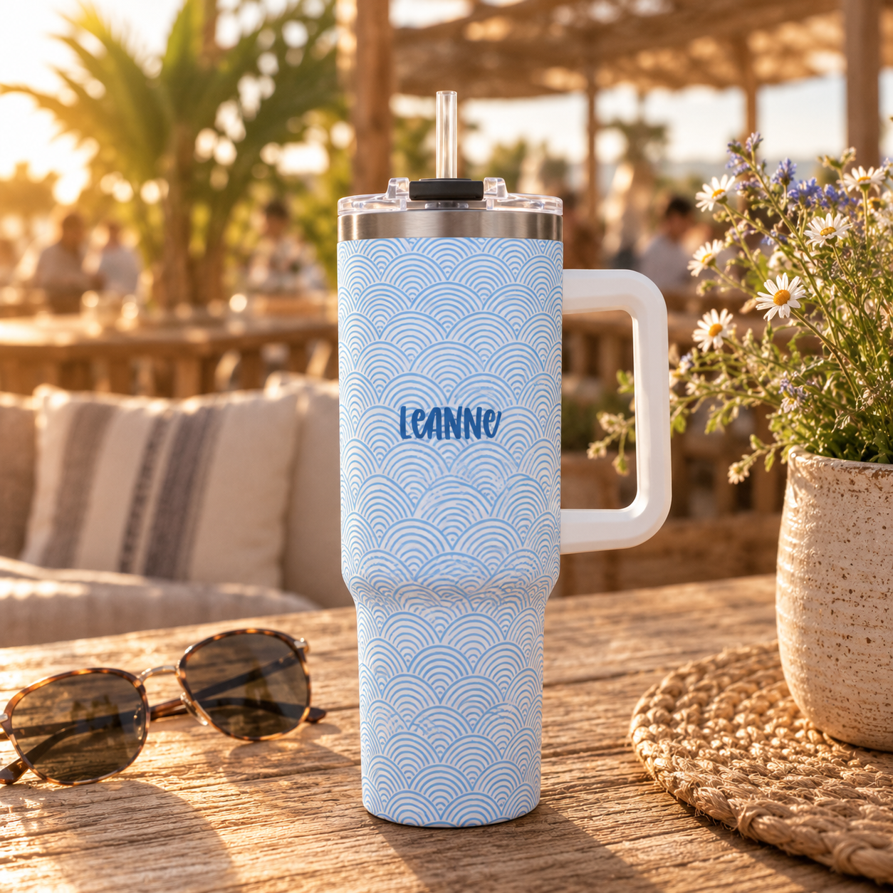 Personalized 40oz Tumbler with Handle - Blue Scallop Wave Custom Name