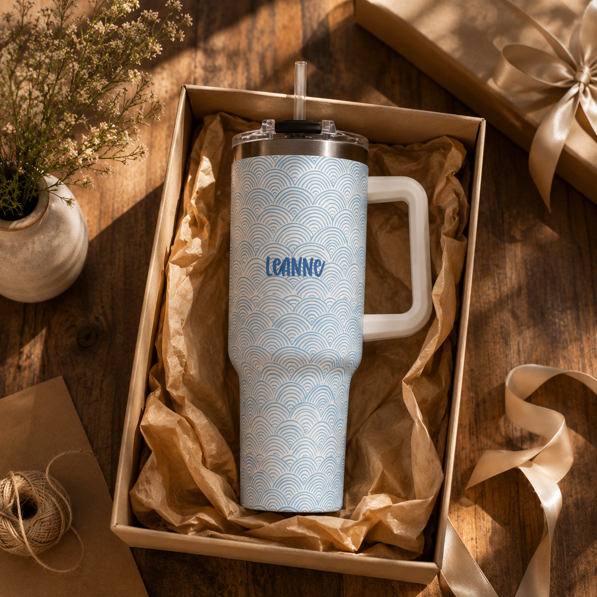 Personalized 40oz Tumbler with Handle - Blue Scallop Wave Custom Name