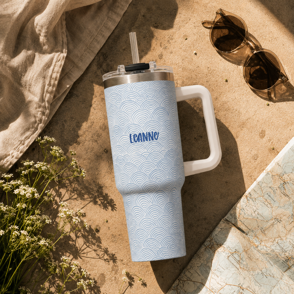 Personalized 40oz Tumbler with Handle - Blue Scallop Wave Custom Name