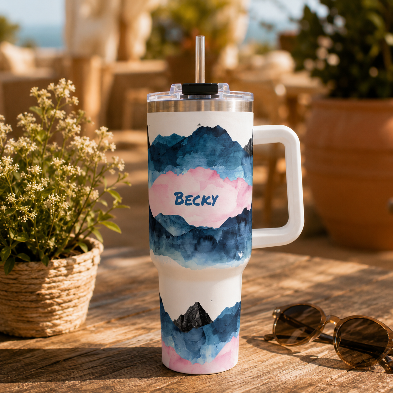 Personalized 40oz Tumbler with Handle - Blue Pink Mountain Custom Name