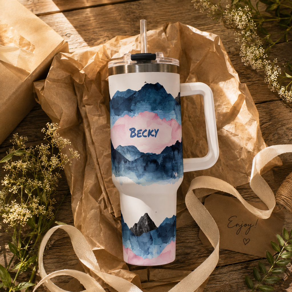 Personalized 40oz Tumbler with Handle - Blue Pink Mountain Custom Name