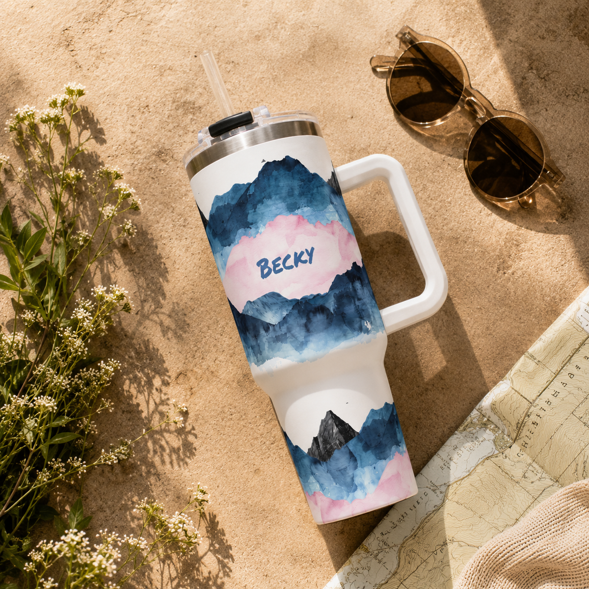 Personalized 40oz Tumbler with Handle - Blue Pink Mountain Custom Name