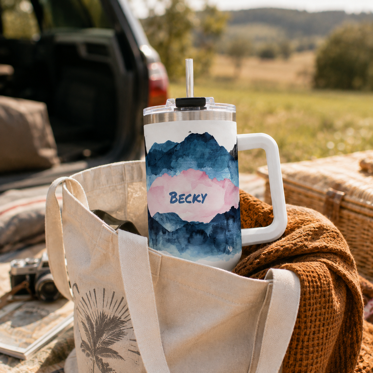 Personalized 40oz Tumbler with Handle - Blue Pink Mountain Custom Name