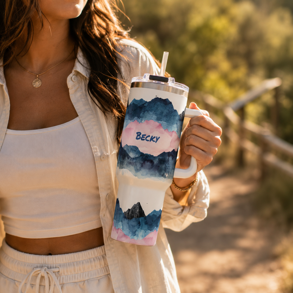 Personalized 40oz Tumbler with Handle - Blue Pink Mountain Custom Name