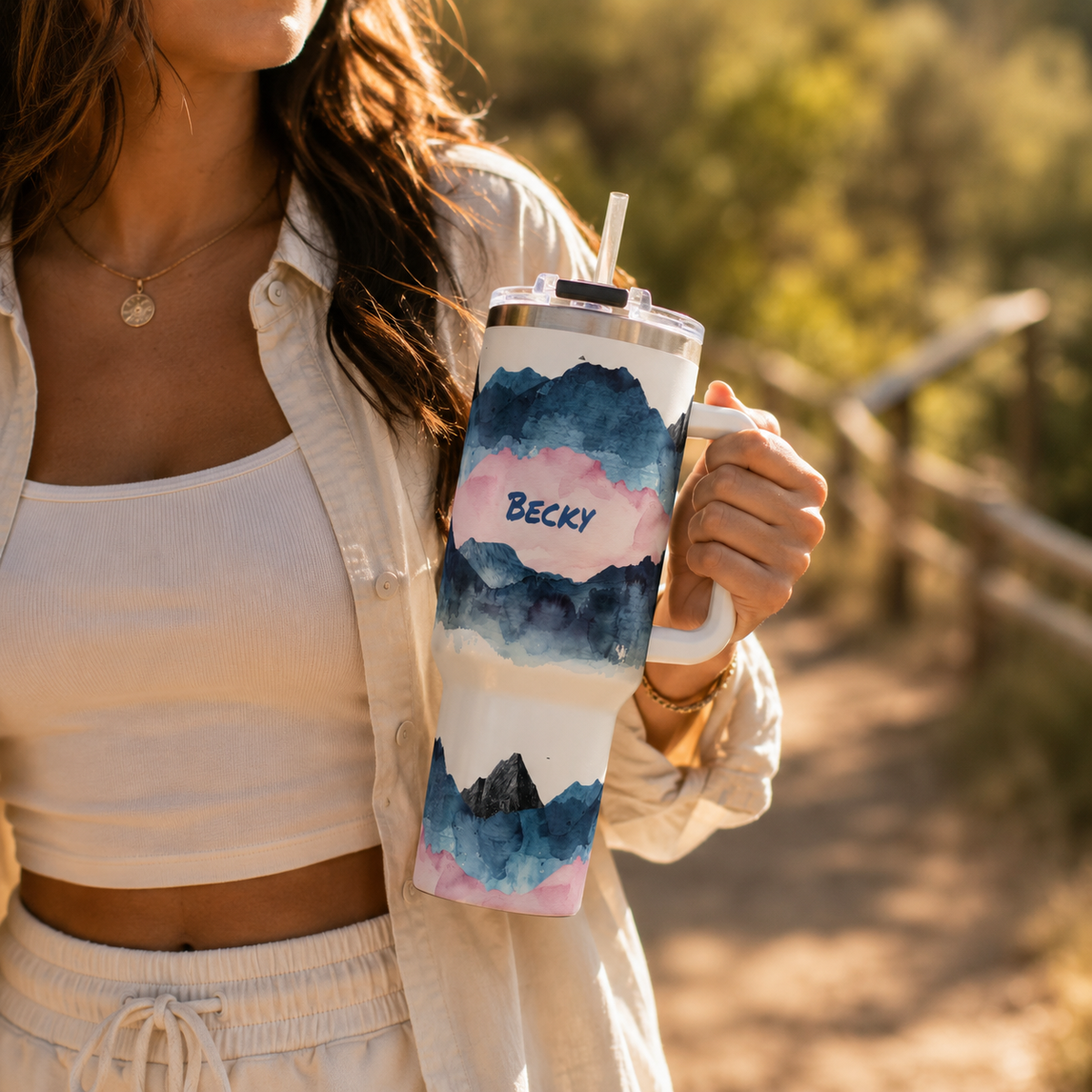 Personalized 40oz Tumbler with Handle - Blue Pink Mountain Custom Name