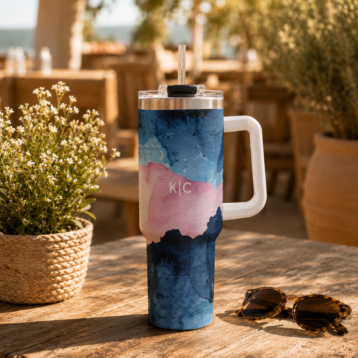 Personalized 40oz Tumbler with Handle - Blue Pink Abstract Custom Initials