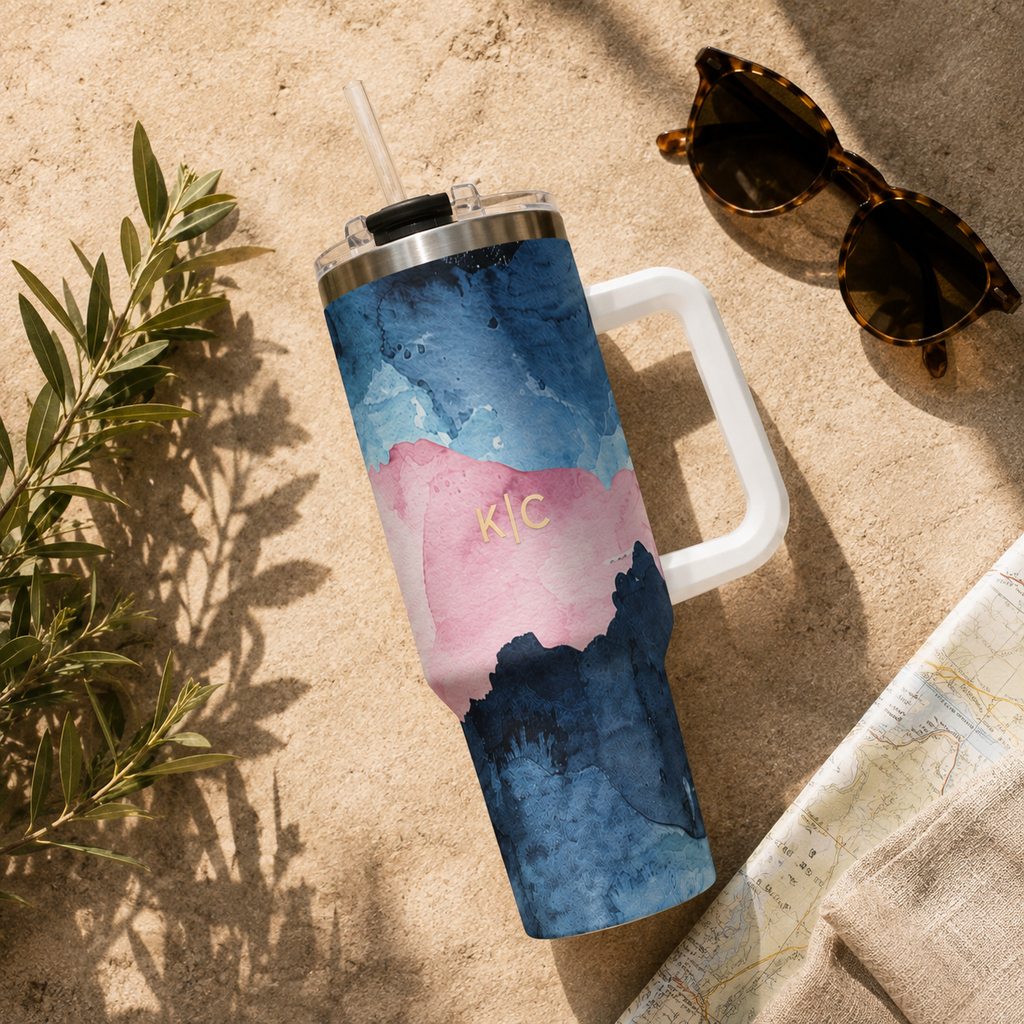 Personalized 40oz Tumbler with Handle - Blue Pink Abstract Custom Initials
