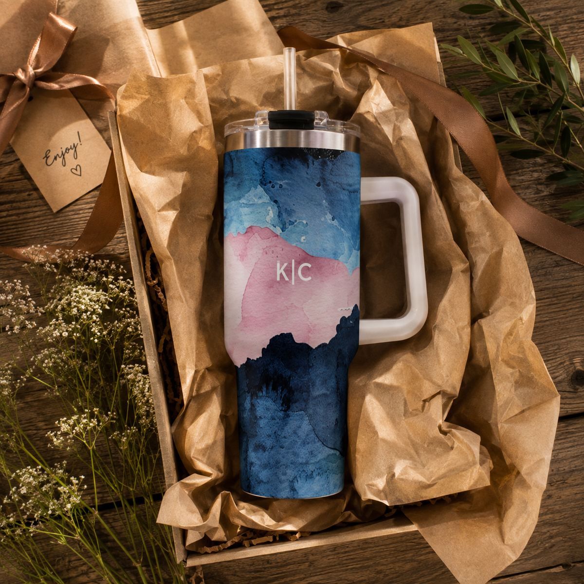 Personalized 40oz Tumbler with Handle - Blue Pink Abstract Custom Initials