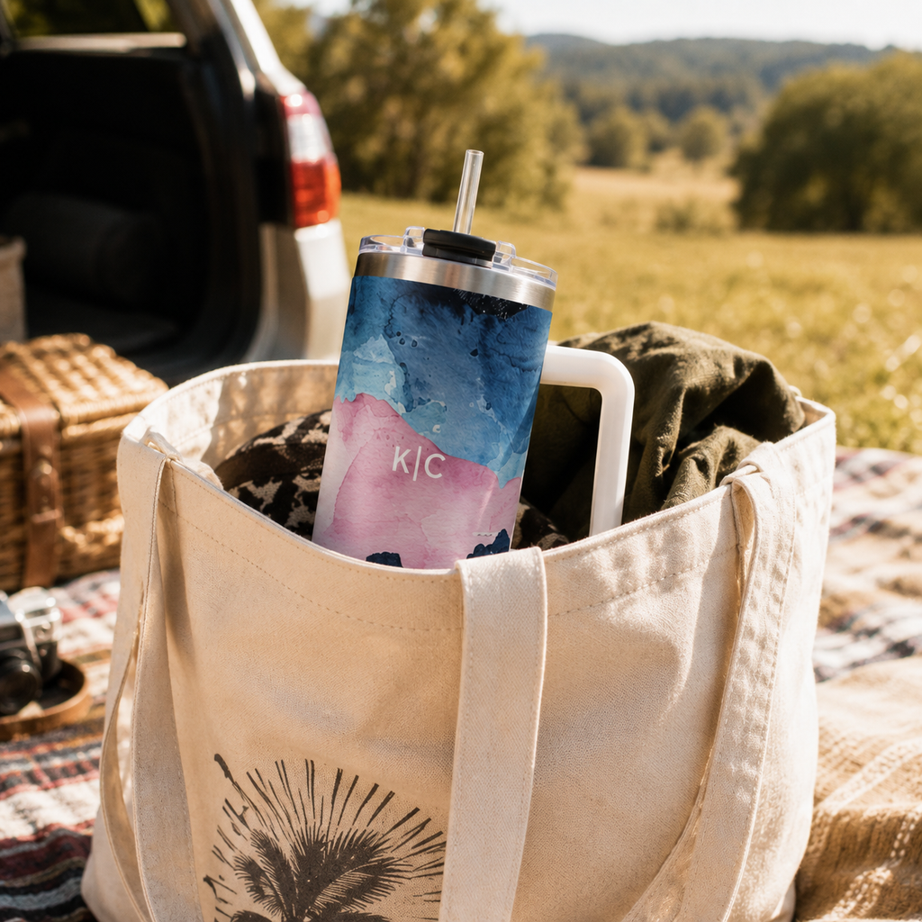 Personalized 40oz Tumbler with Handle - Blue Pink Abstract Custom Initials