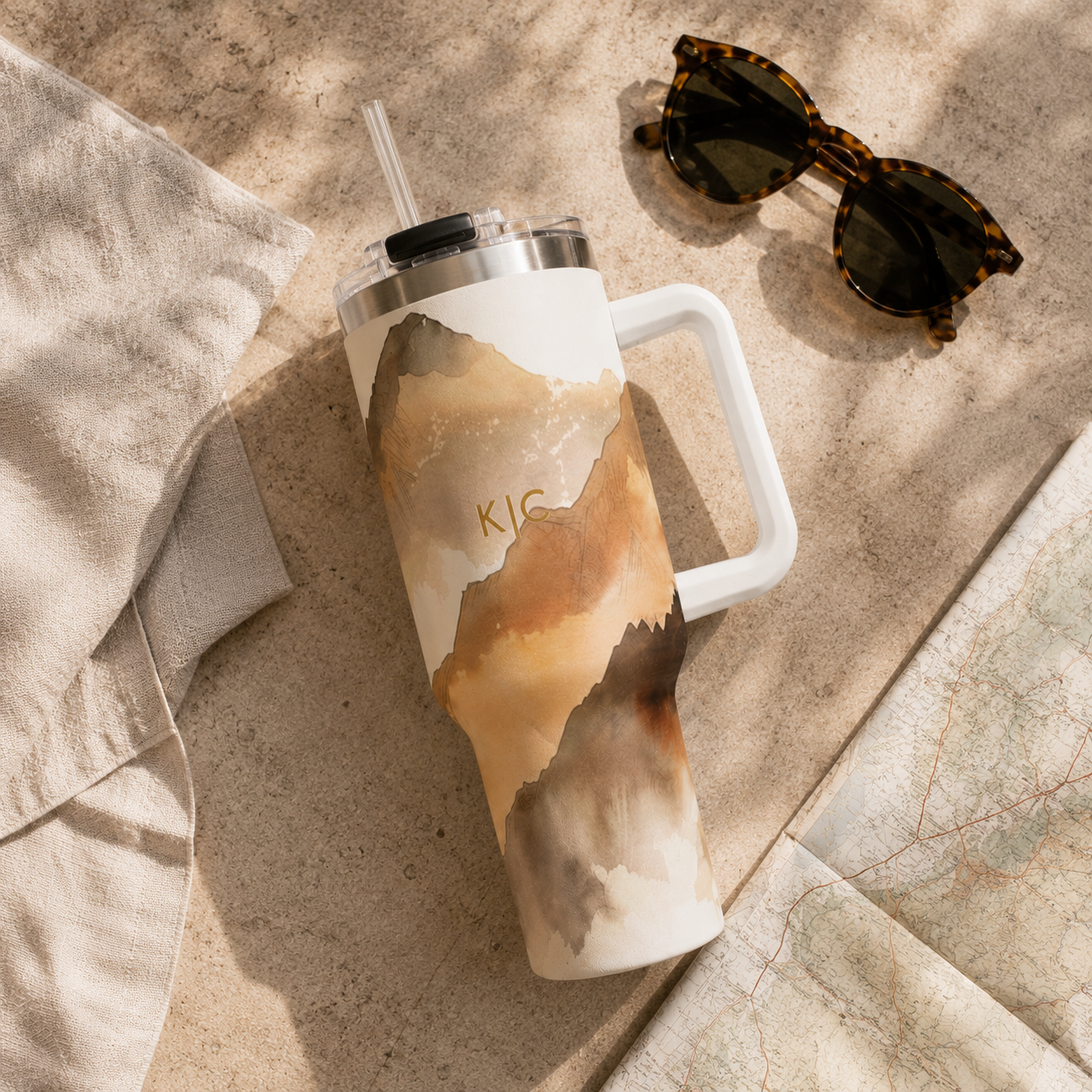 Personalized 40oz Tumbler with Handle - Neutral Abstract Custom Initials