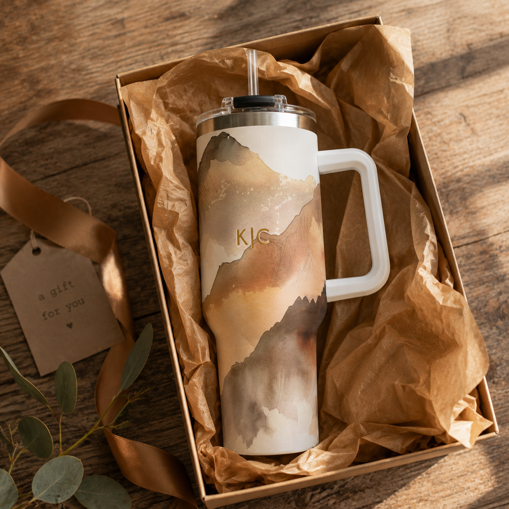 Personalized 40oz Tumbler with Handle - Neutral Abstract Custom Initials