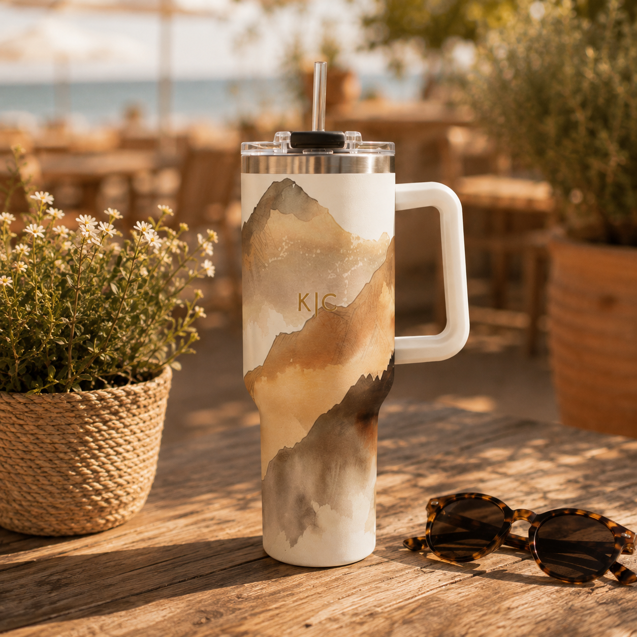 Personalized 40oz Tumbler with Handle - Neutral Abstract Custom Initials