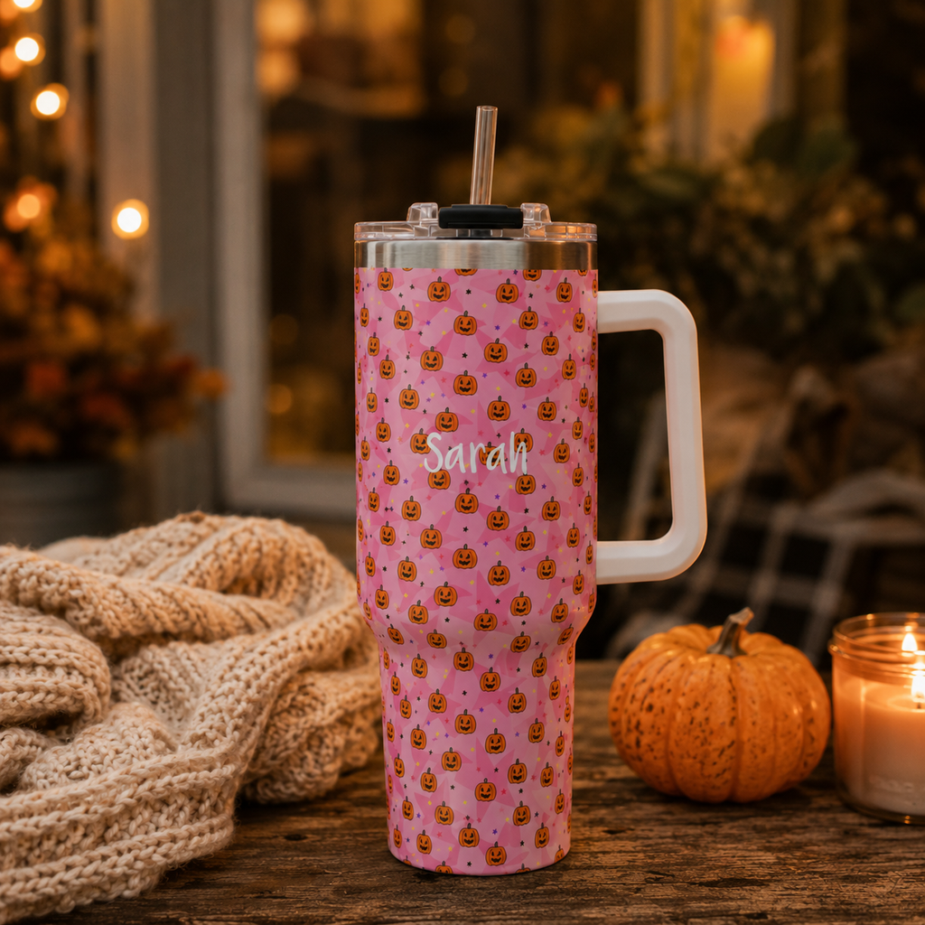 Personalized 40oz Tumbler with Handle - Pink Halloween Pumpkin Custom Name