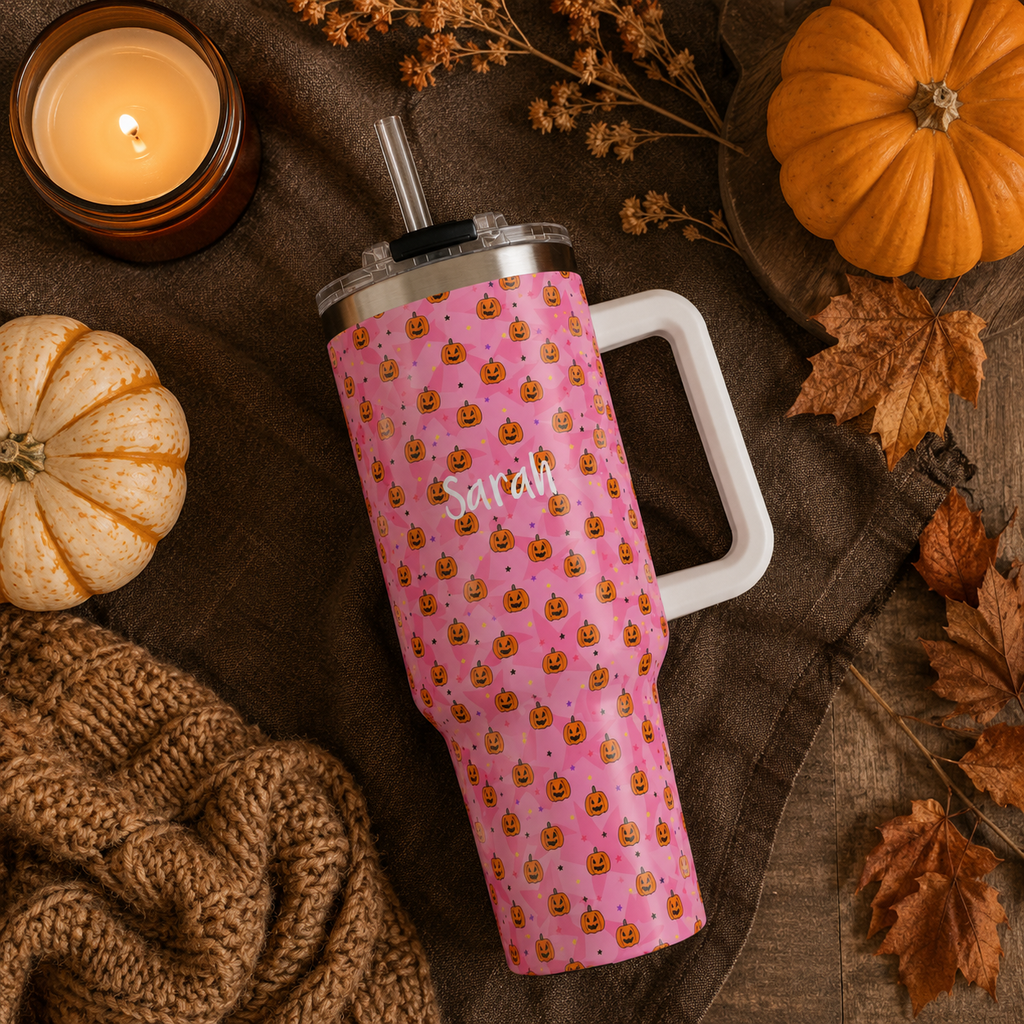 Personalized 40oz Tumbler with Handle - Pink Halloween Pumpkin Custom Name