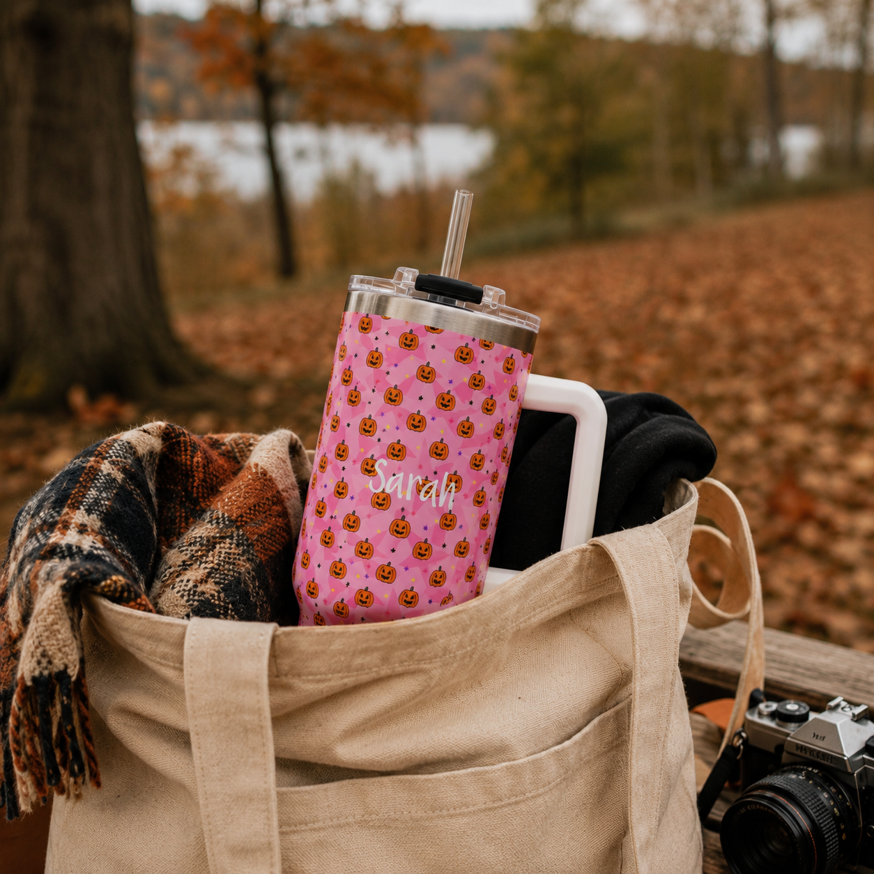 Personalized 40oz Tumbler with Handle - Pink Halloween Pumpkin Custom Name