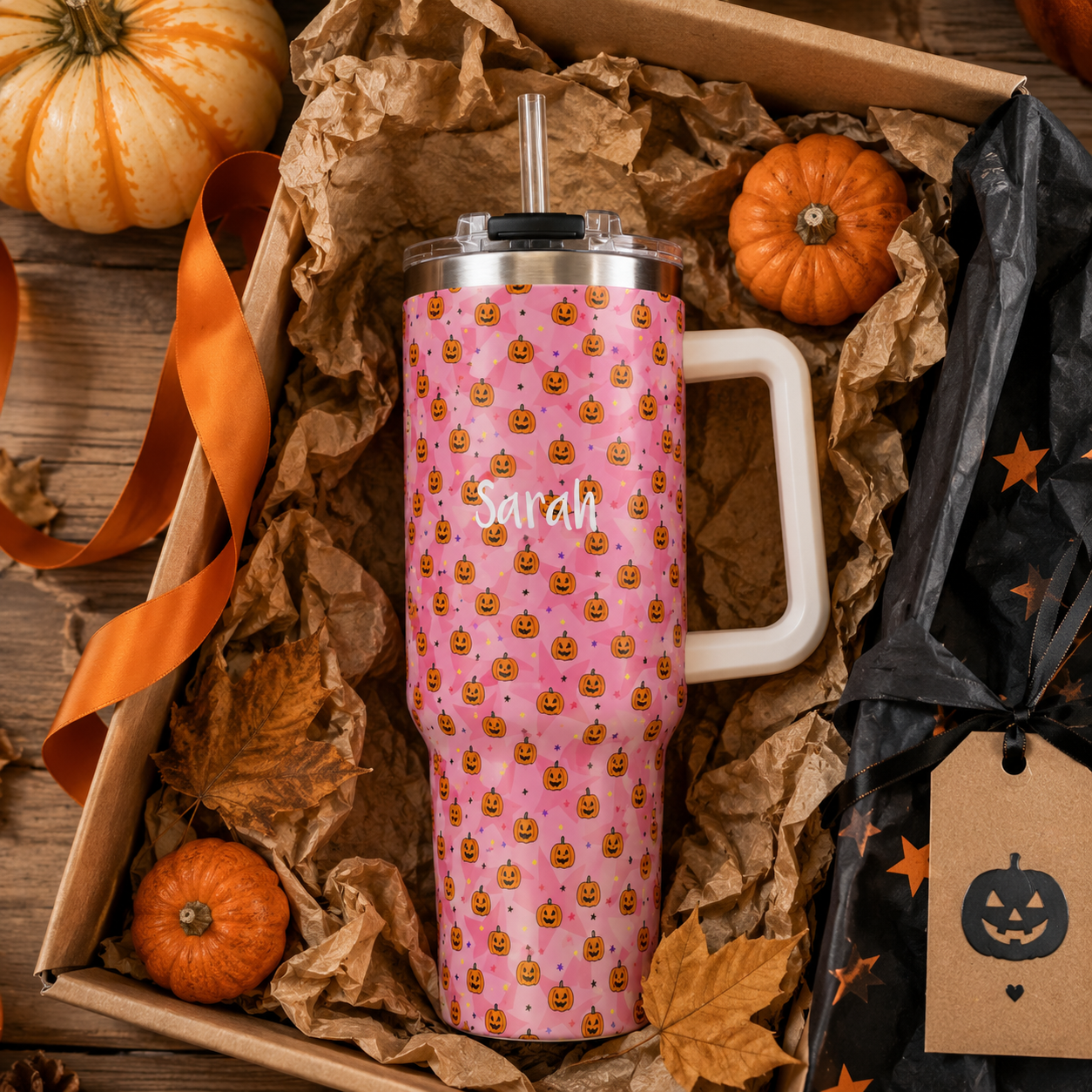 Personalized 40oz Tumbler with Handle - Pink Halloween Pumpkin Custom Name
