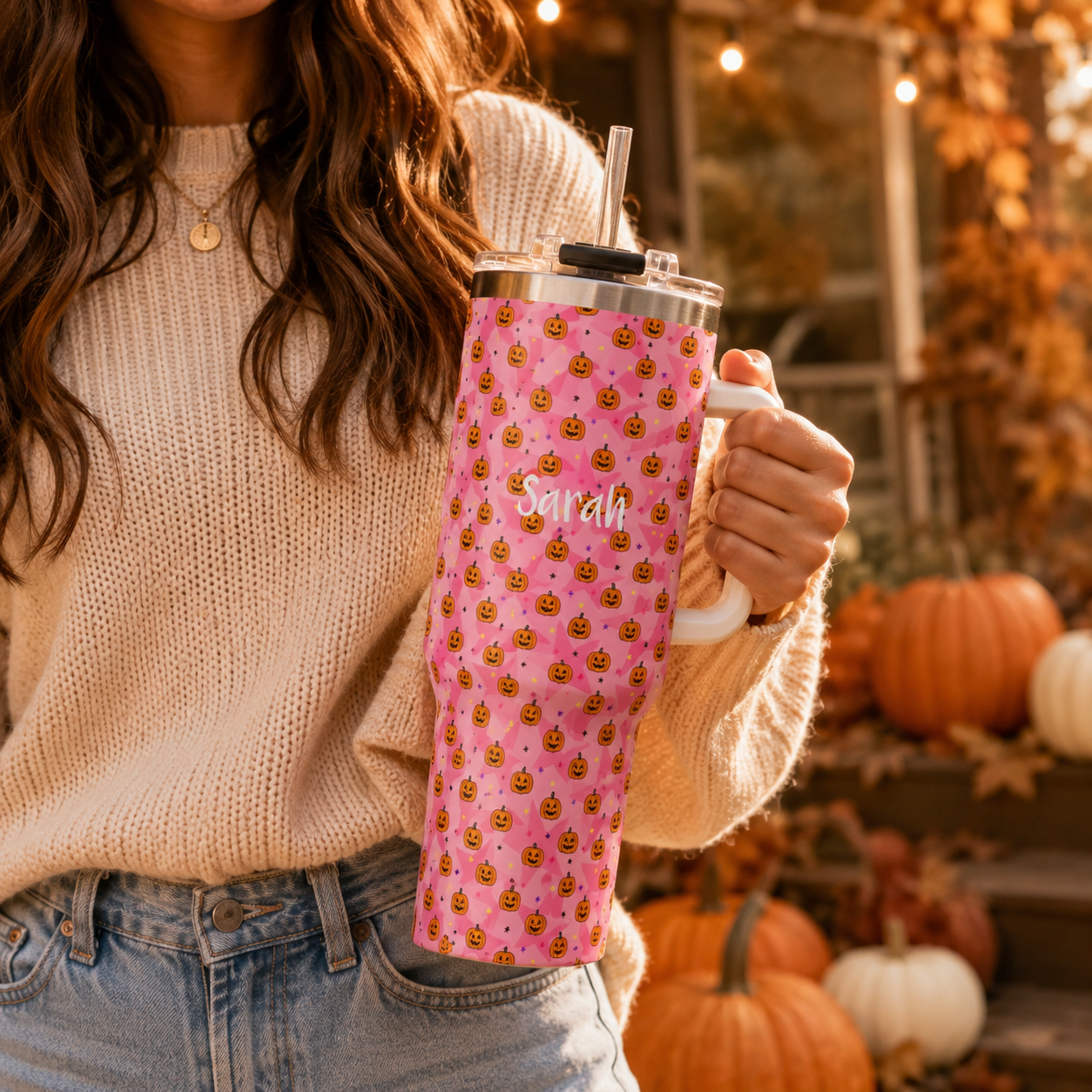 Personalized 40oz Tumbler with Handle - Pink Halloween Pumpkin Custom Name
