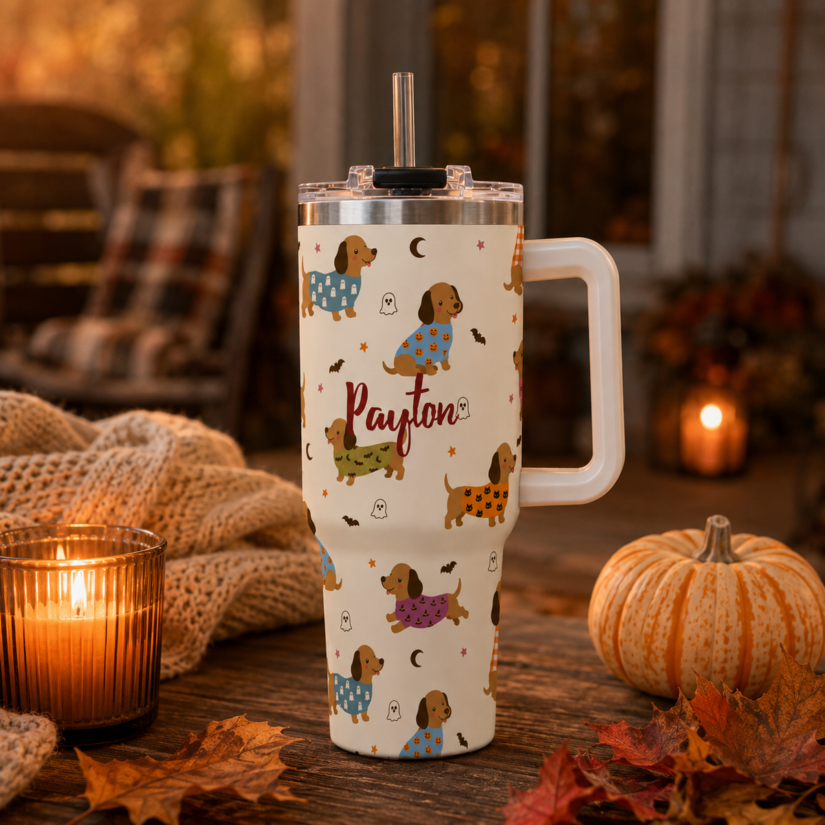 Personalized 40oz Tumbler with Handle - Halloween Dachshund Custom Name