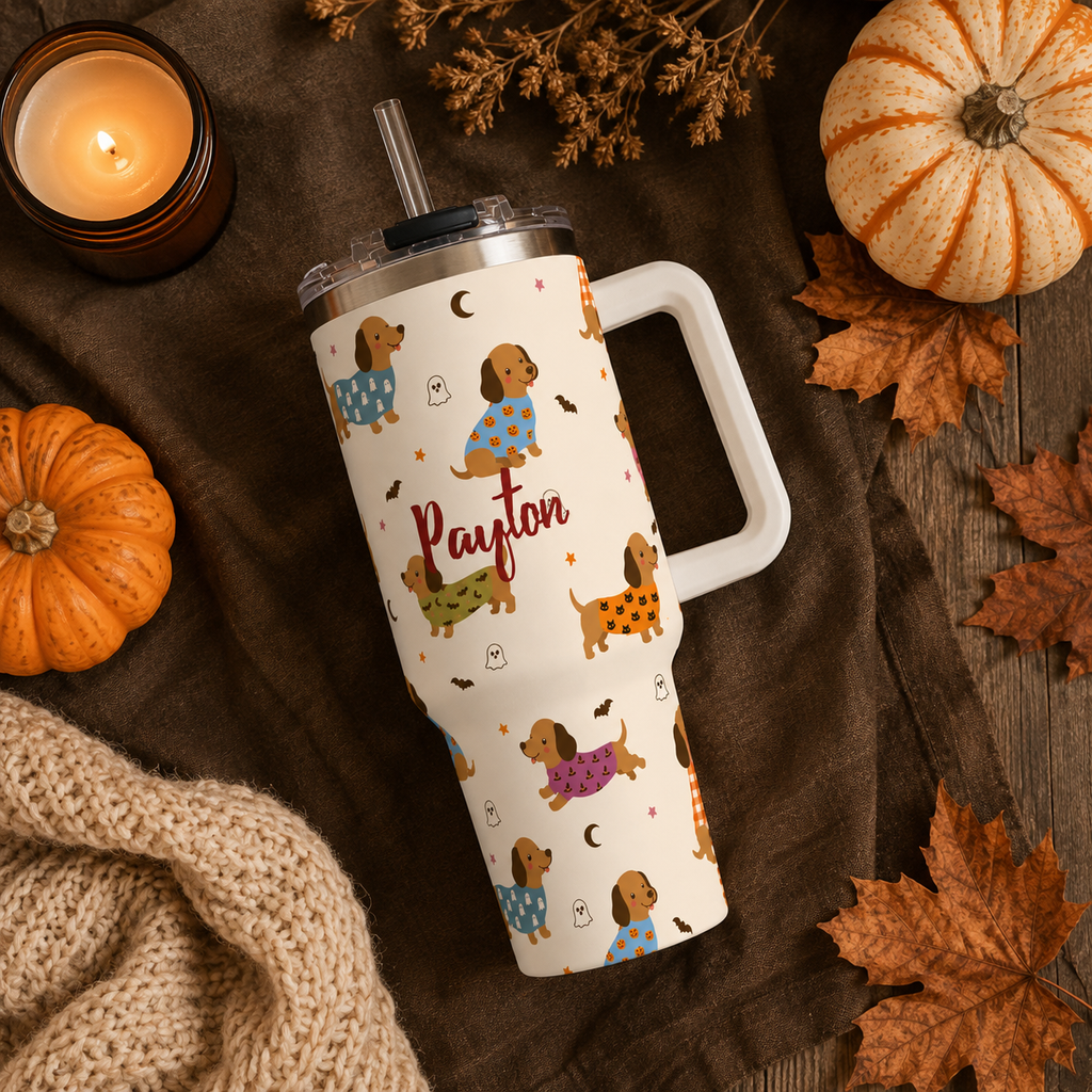 Personalized 40oz Tumbler with Handle - Halloween Dachshund Custom Name