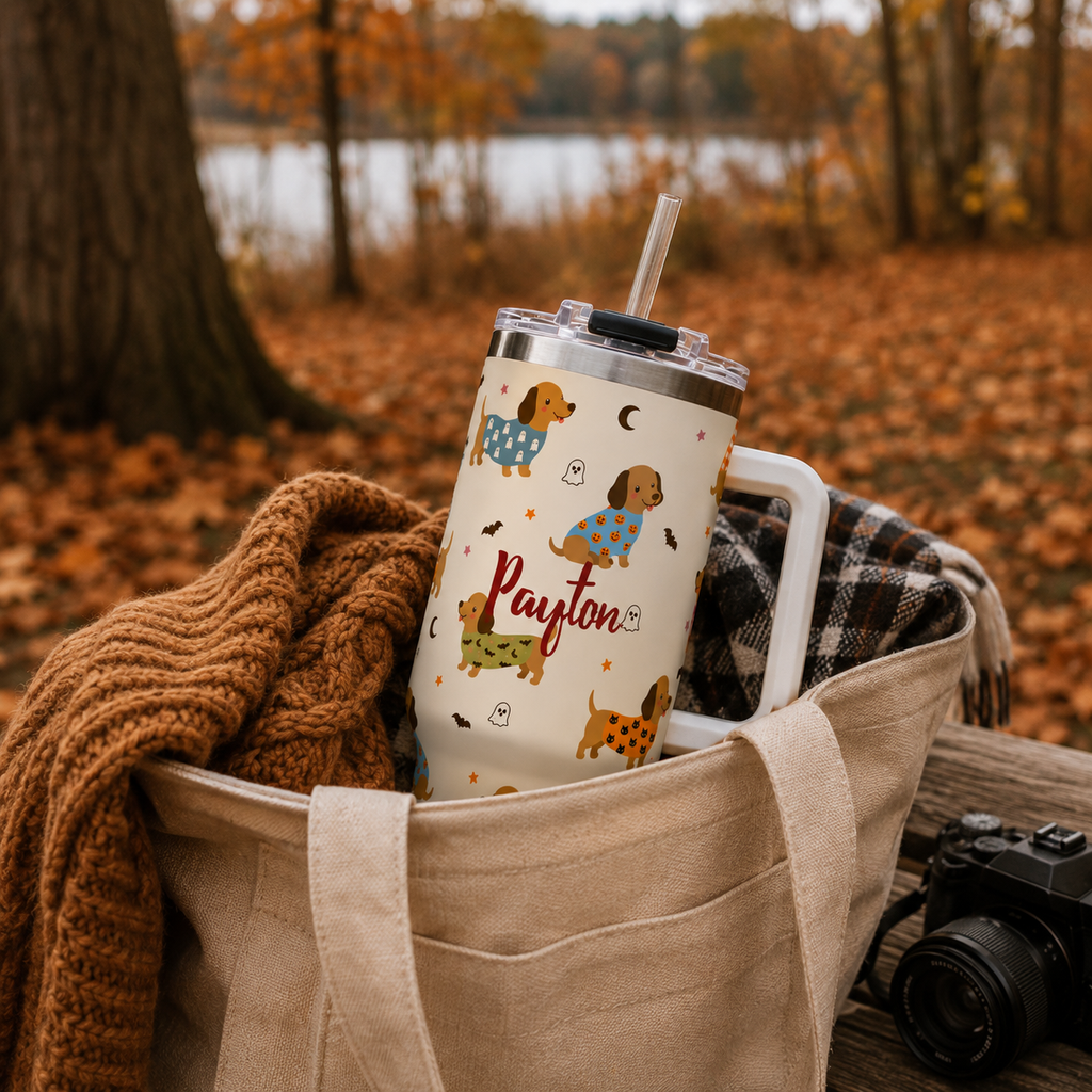 Personalized 40oz Tumbler with Handle - Halloween Dachshund Custom Name