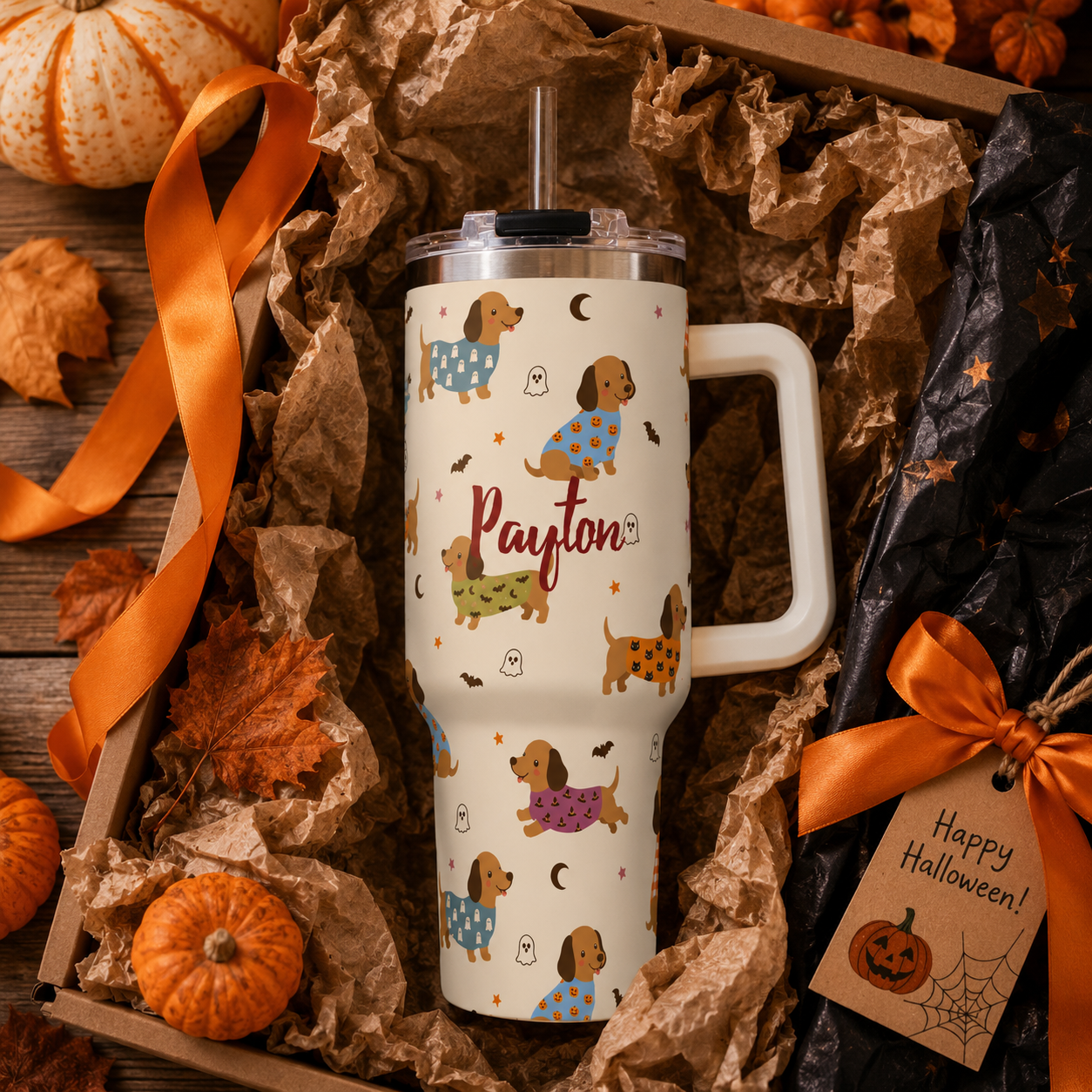 Personalized 40oz Tumbler with Handle - Halloween Dachshund Custom Name