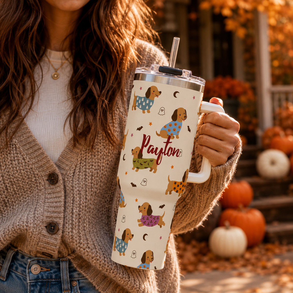 Personalized 40oz Tumbler with Handle - Halloween Dachshund Custom Name