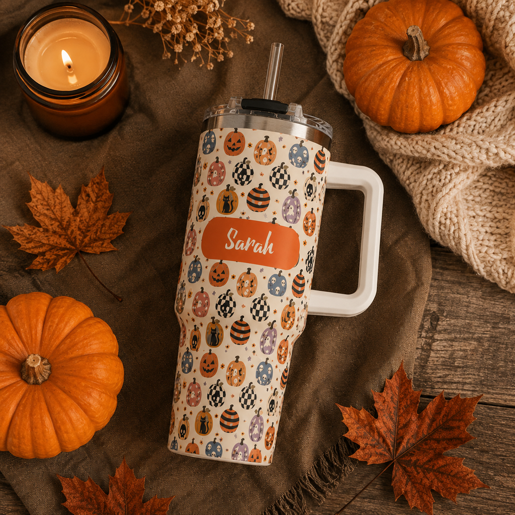 Personalized 40oz Tumbler with Handle - Halloween Pumpkin Custom Name