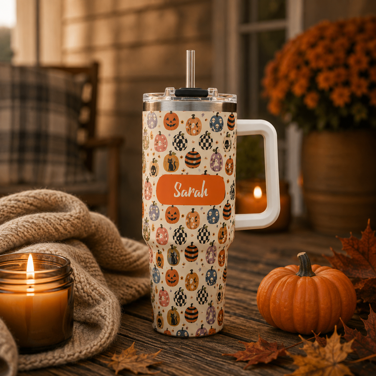 Personalized 40oz Tumbler with Handle - Halloween Pumpkin Custom Name
