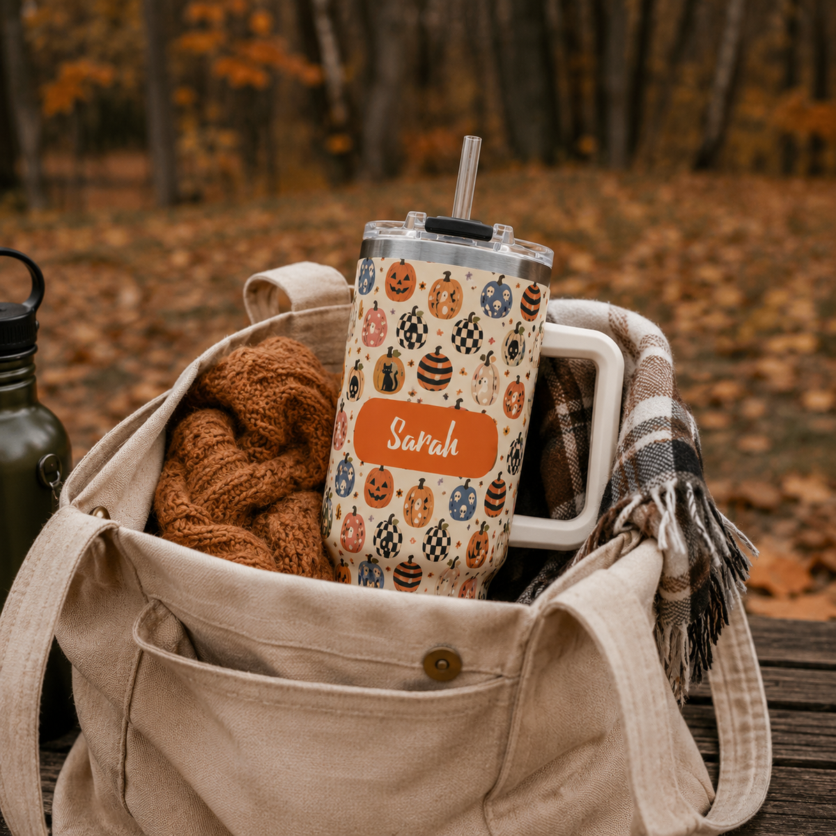 Personalized 40oz Tumbler with Handle - Halloween Pumpkin Custom Name