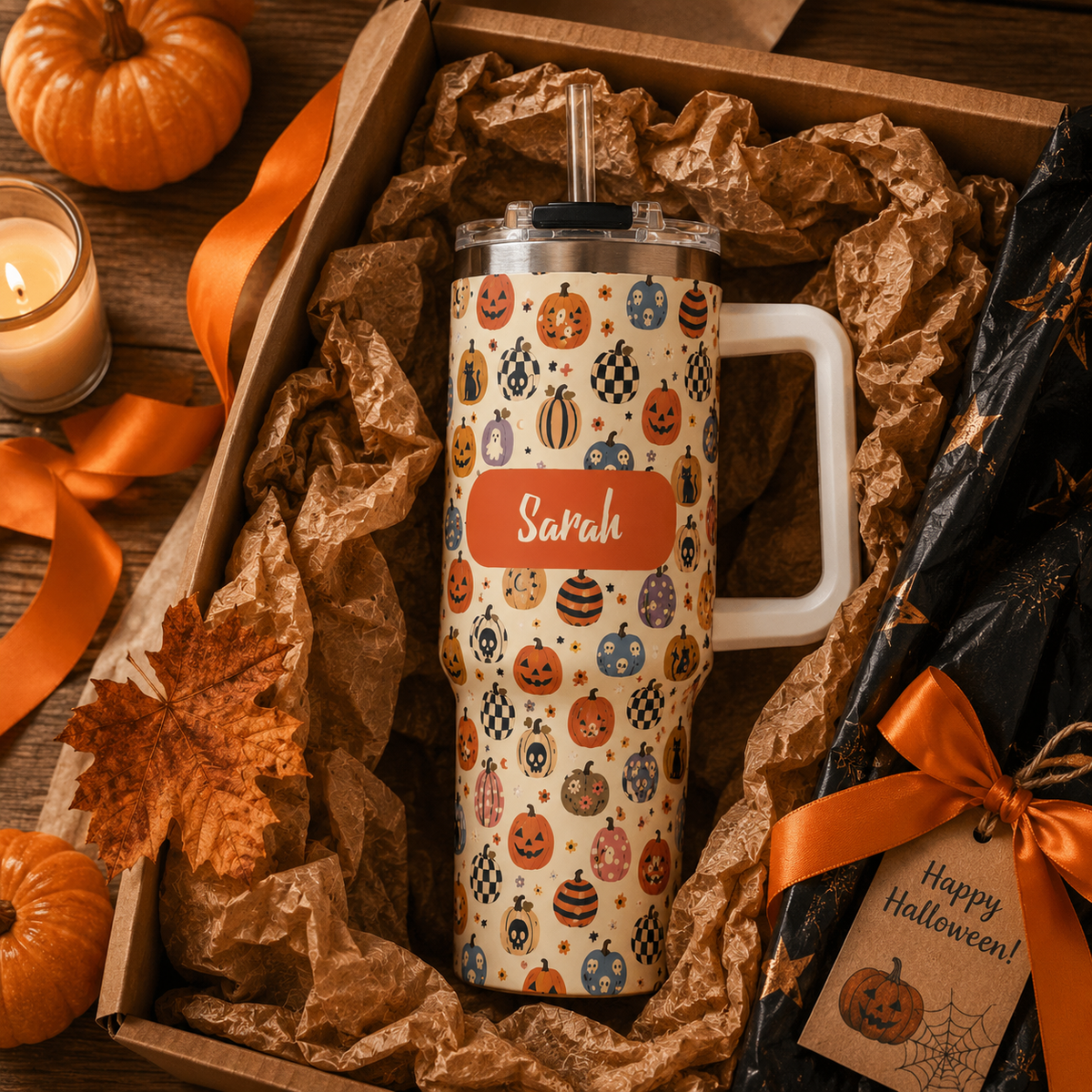 Personalized 40oz Tumbler with Handle - Halloween Pumpkin Custom Name