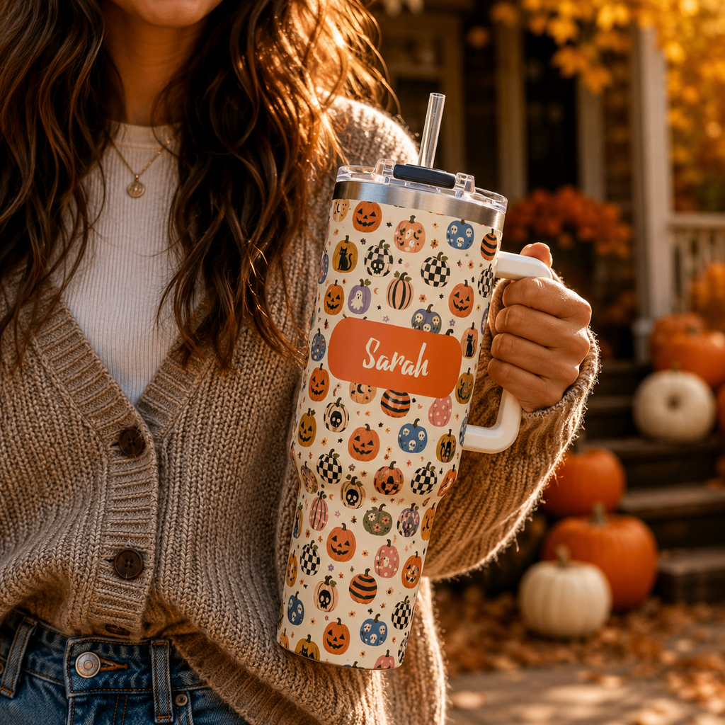 Personalized 40oz Tumbler with Handle - Halloween Pumpkin Custom Name