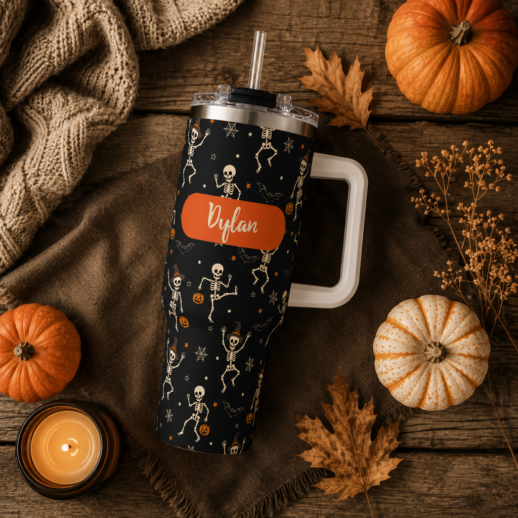 Personalized 40oz Tumbler with Handle - Halloween Dancing Skeleton Custom Name