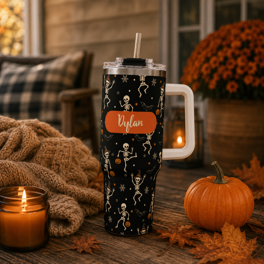 Personalized 40oz Tumbler with Handle - Halloween Dancing Skeleton Custom Name