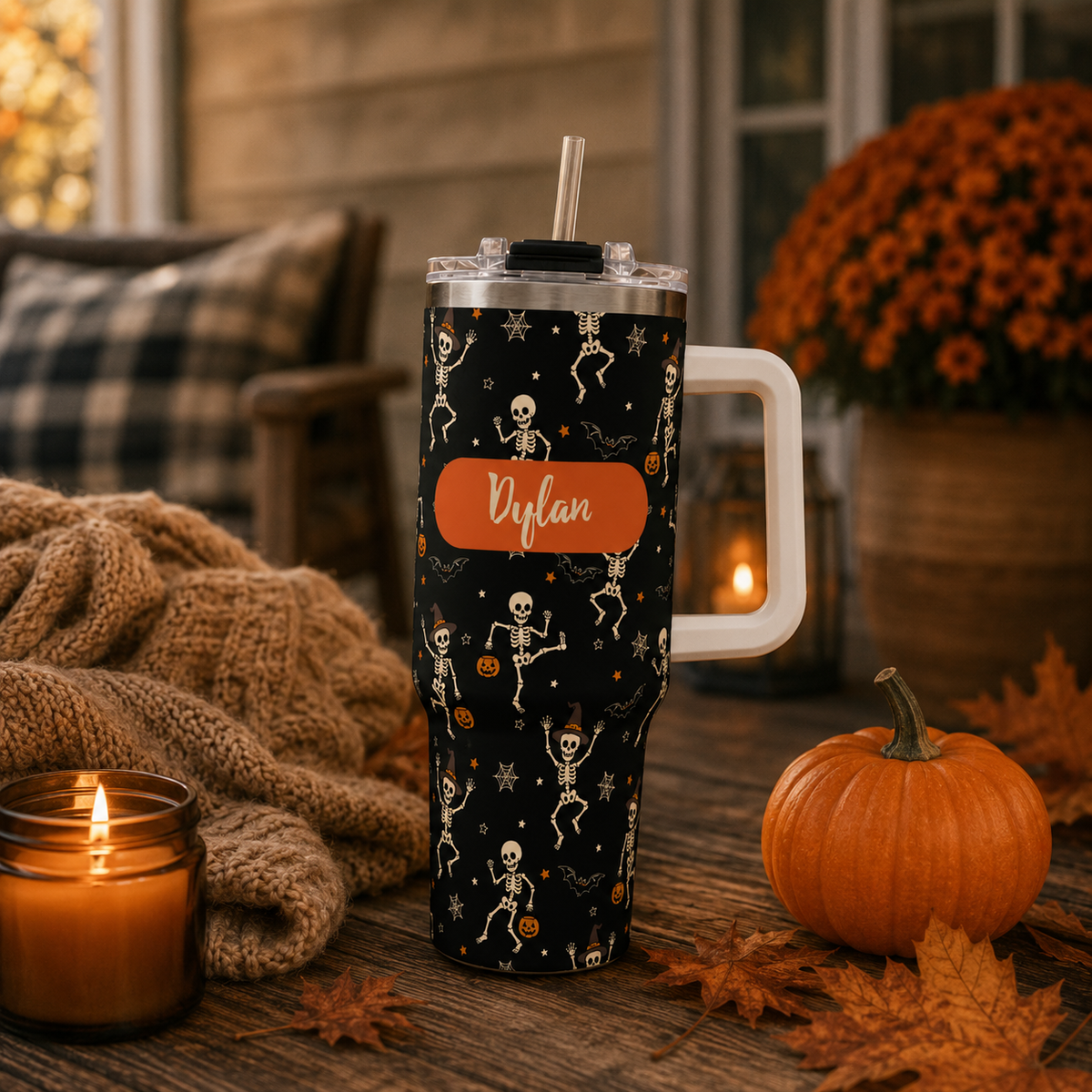 Personalized 40oz Tumbler with Handle - Halloween Dancing Skeleton Custom Name