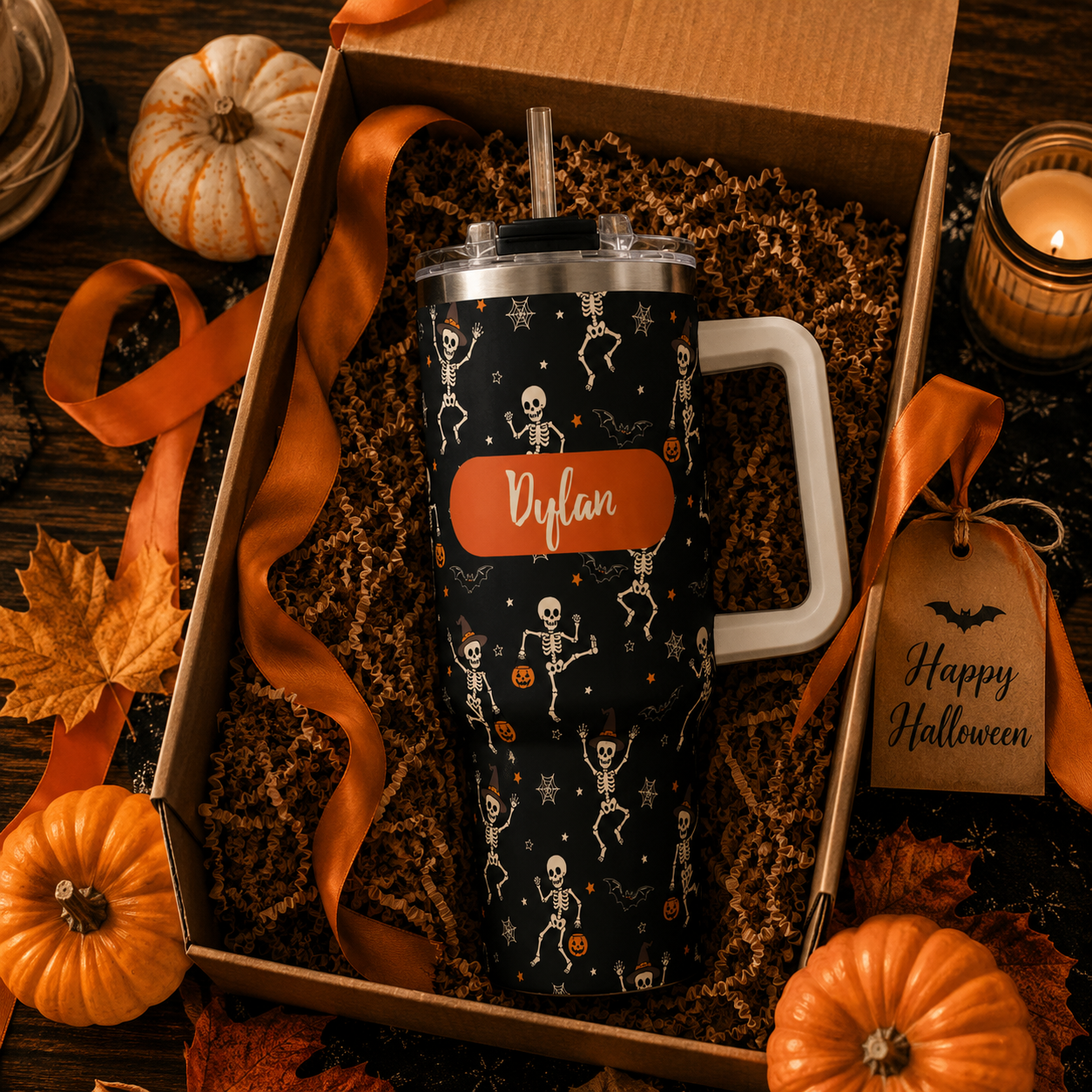 Personalized 40oz Tumbler with Handle - Halloween Dancing Skeleton Custom Name