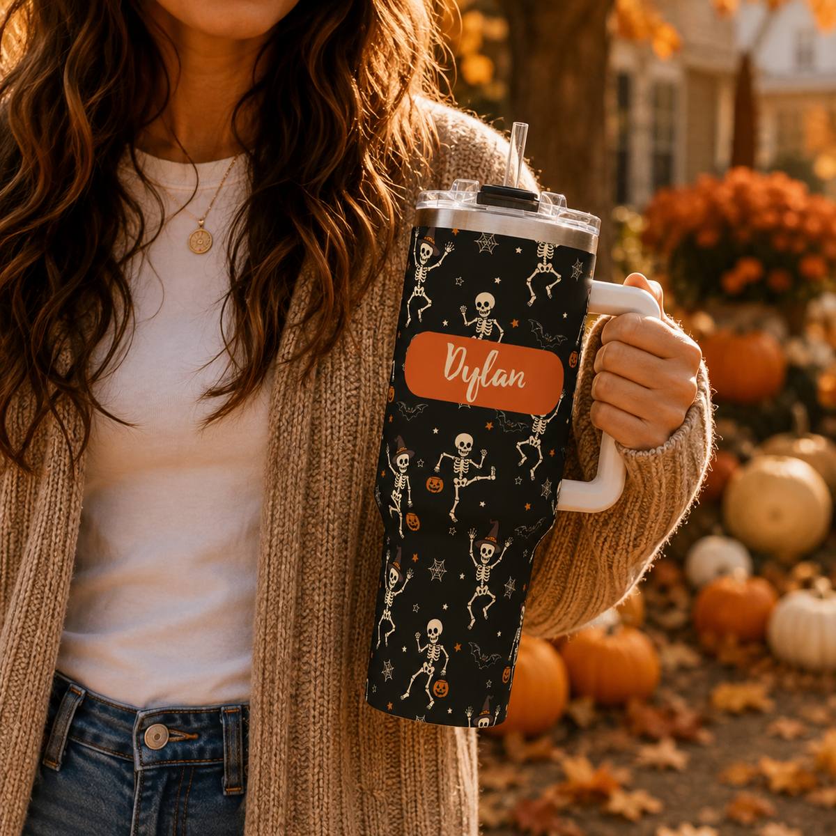 Personalized 40oz Tumbler with Handle - Halloween Dancing Skeleton Custom Name