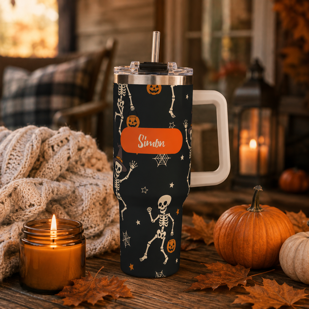 Personalized 40oz Tumbler with Handle - Halloween Skeleton Custom Name