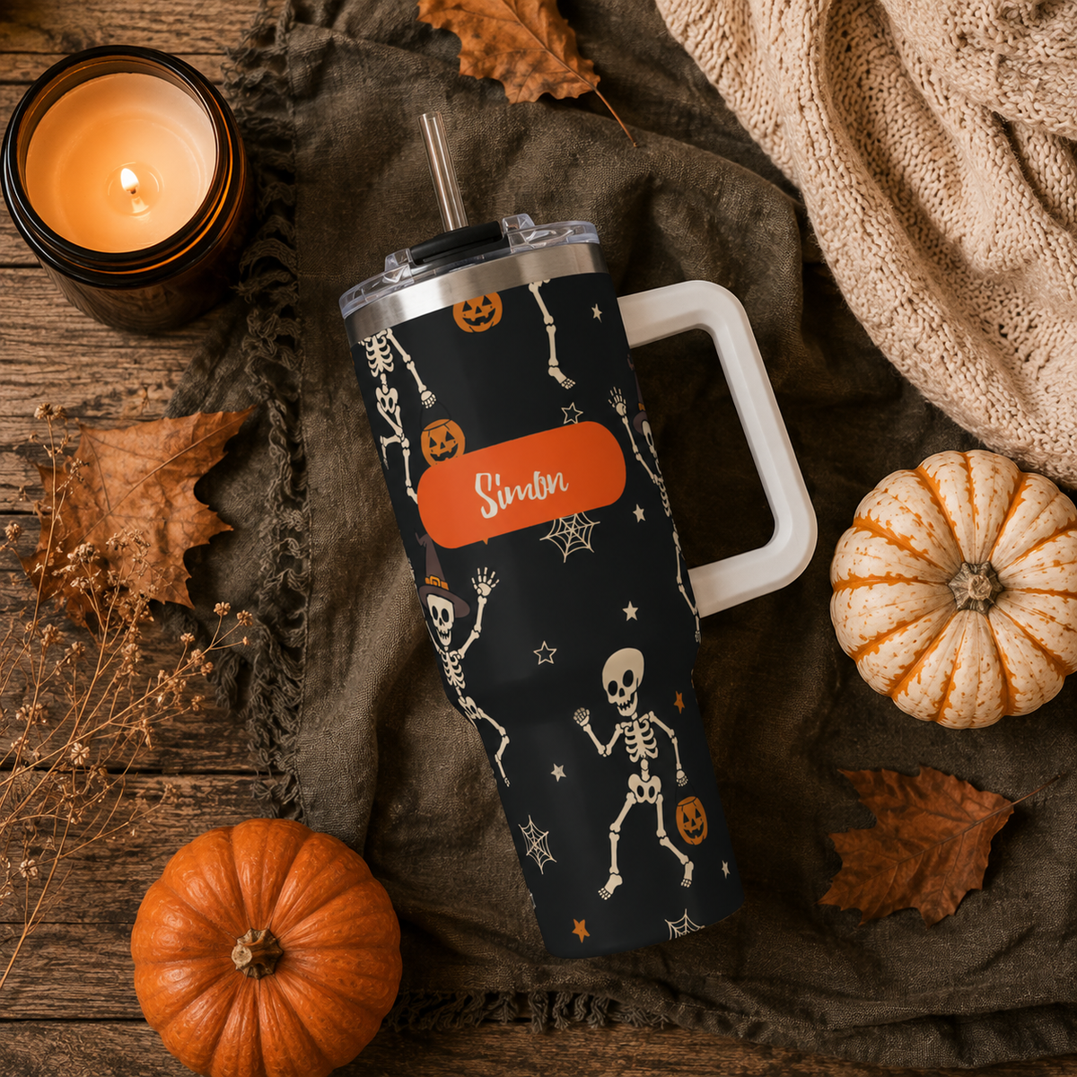 Personalized 40oz Tumbler with Handle - Halloween Skeleton Custom Name