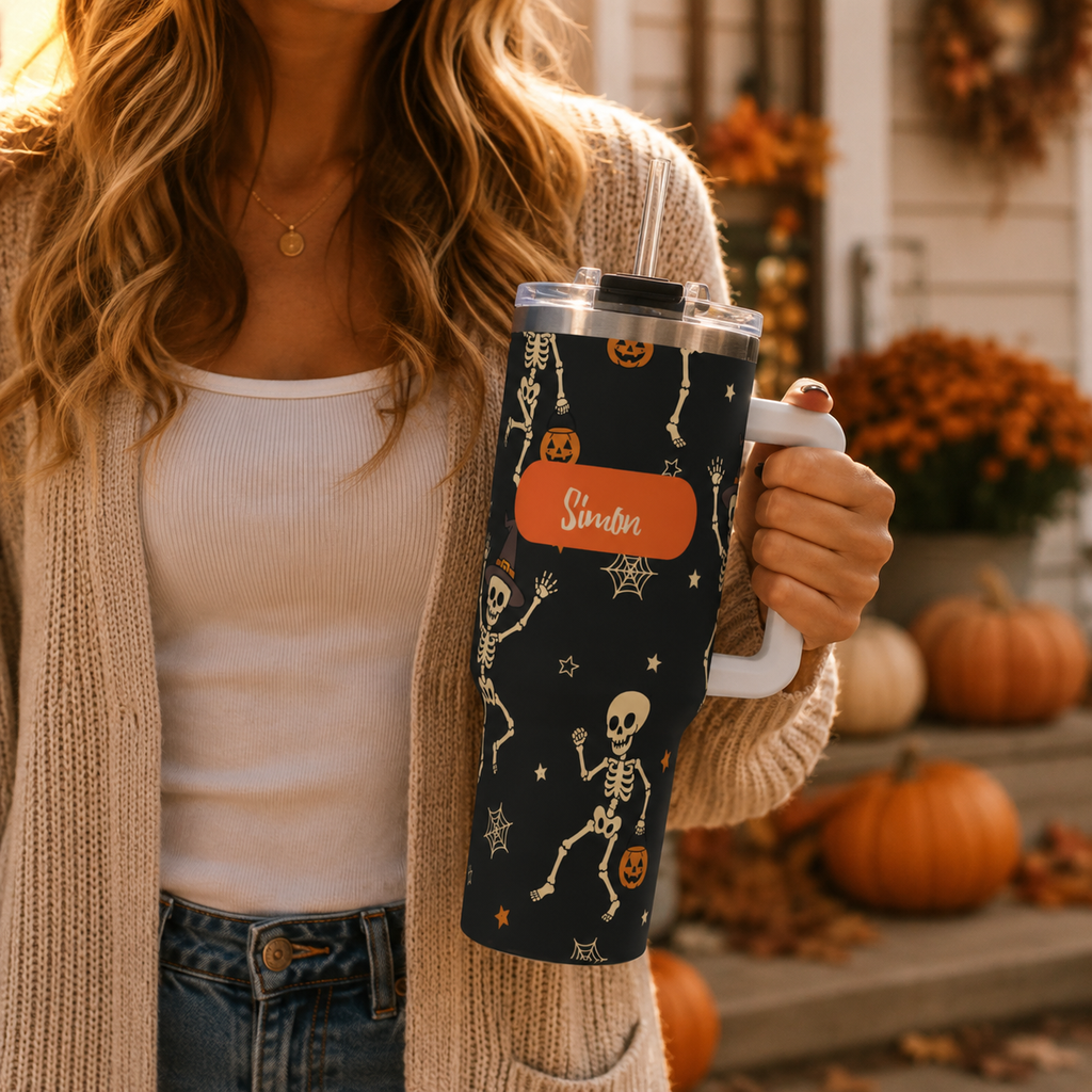 Personalized 40oz Tumbler with Handle - Halloween Skeleton Custom Name