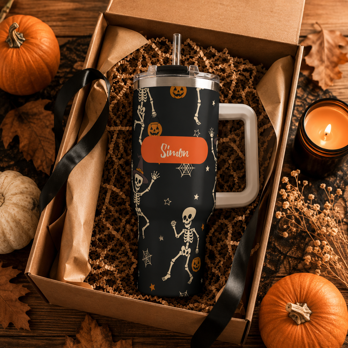 Personalized 40oz Tumbler with Handle - Halloween Skeleton Custom Name