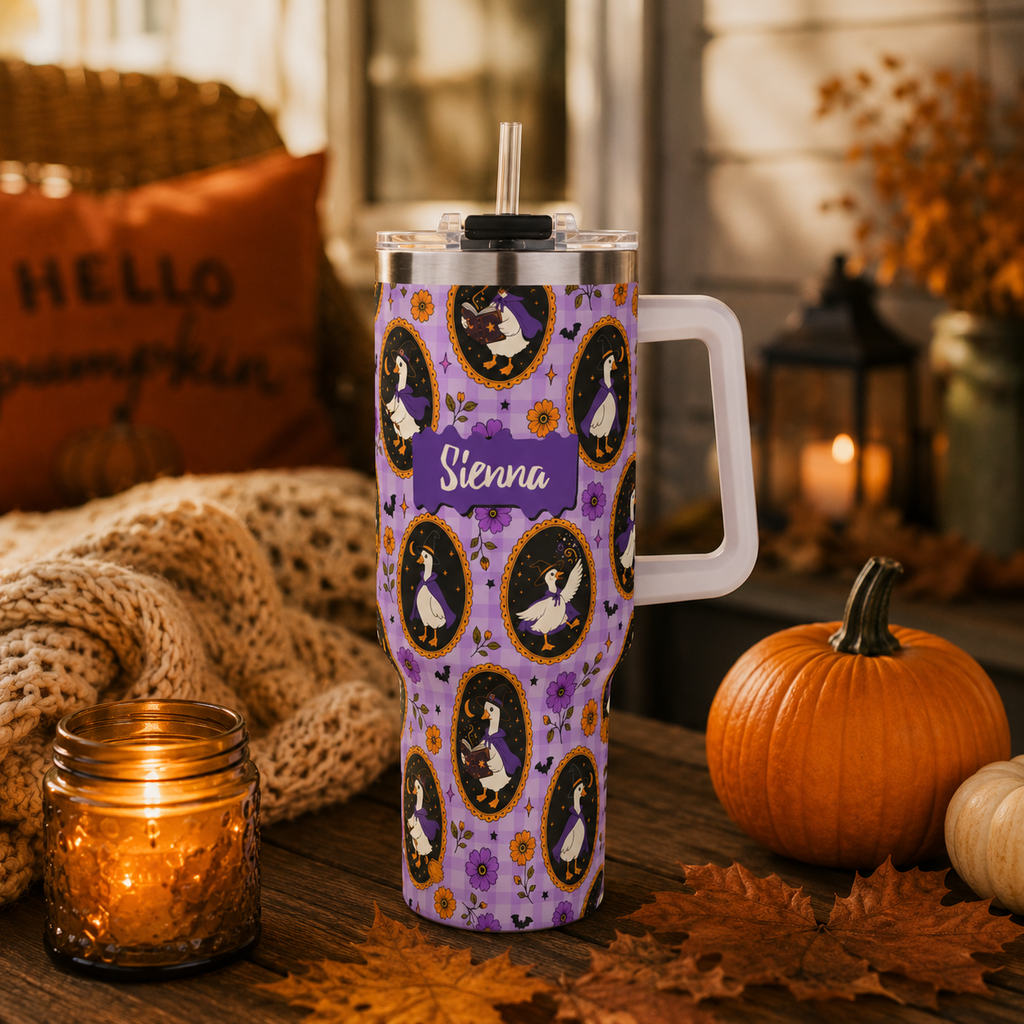 Personalized 40oz Tumbler with Handle - Halloween Witchy Goose Custom Name