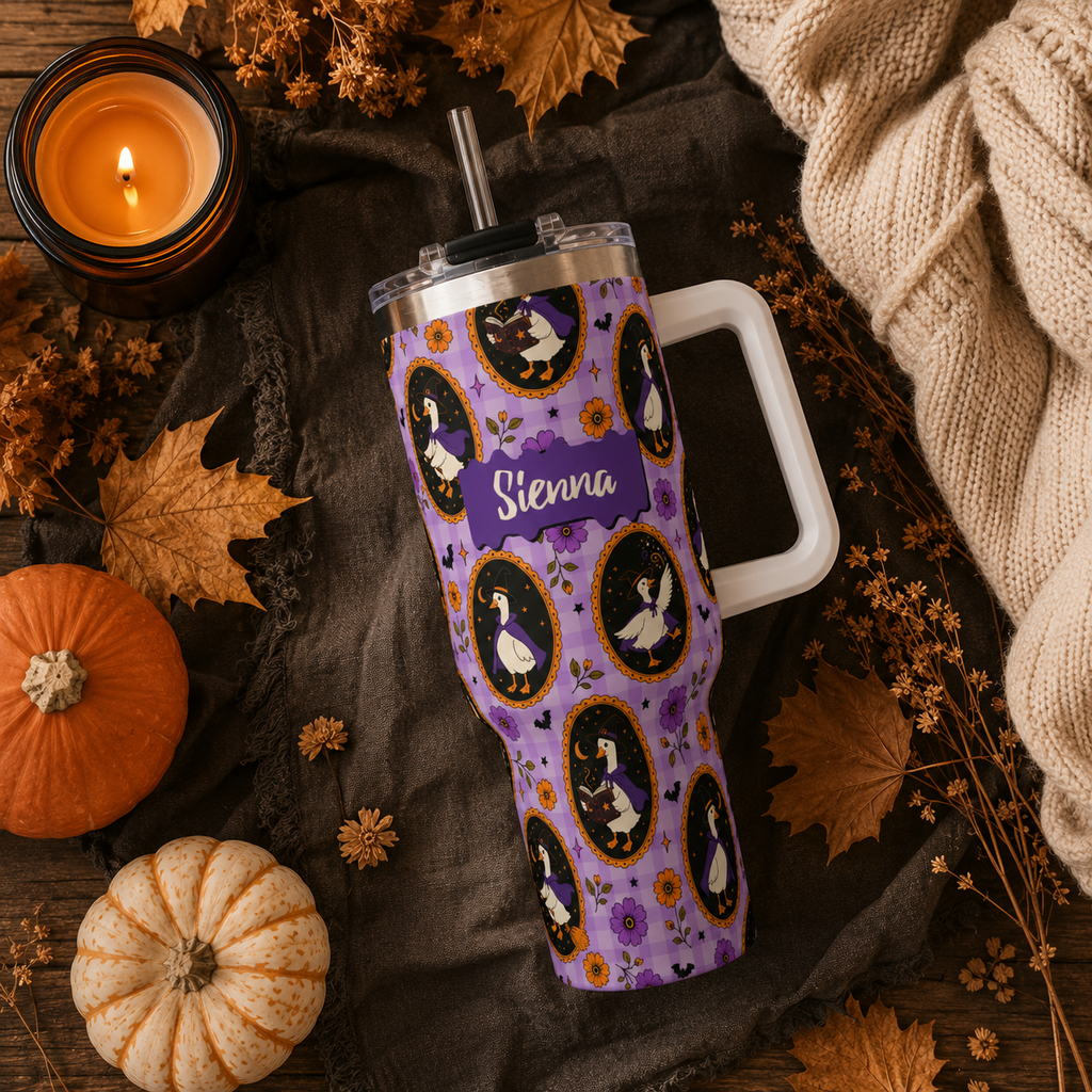 Personalized 40oz Tumbler with Handle - Halloween Witchy Goose Custom Name