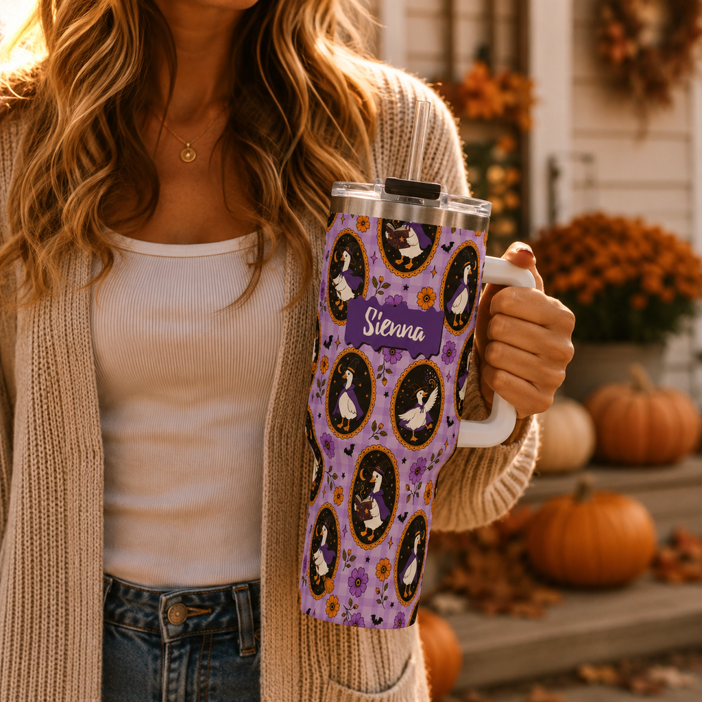 Personalized 40oz Tumbler with Handle - Halloween Witchy Goose Custom Name