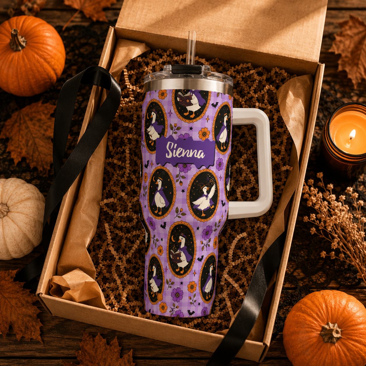 Personalized 40oz Tumbler with Handle - Halloween Witchy Goose Custom Name