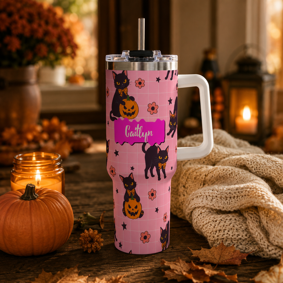 Personalized 40oz Tumbler with Handle - Halloween Black Cat Custom Name