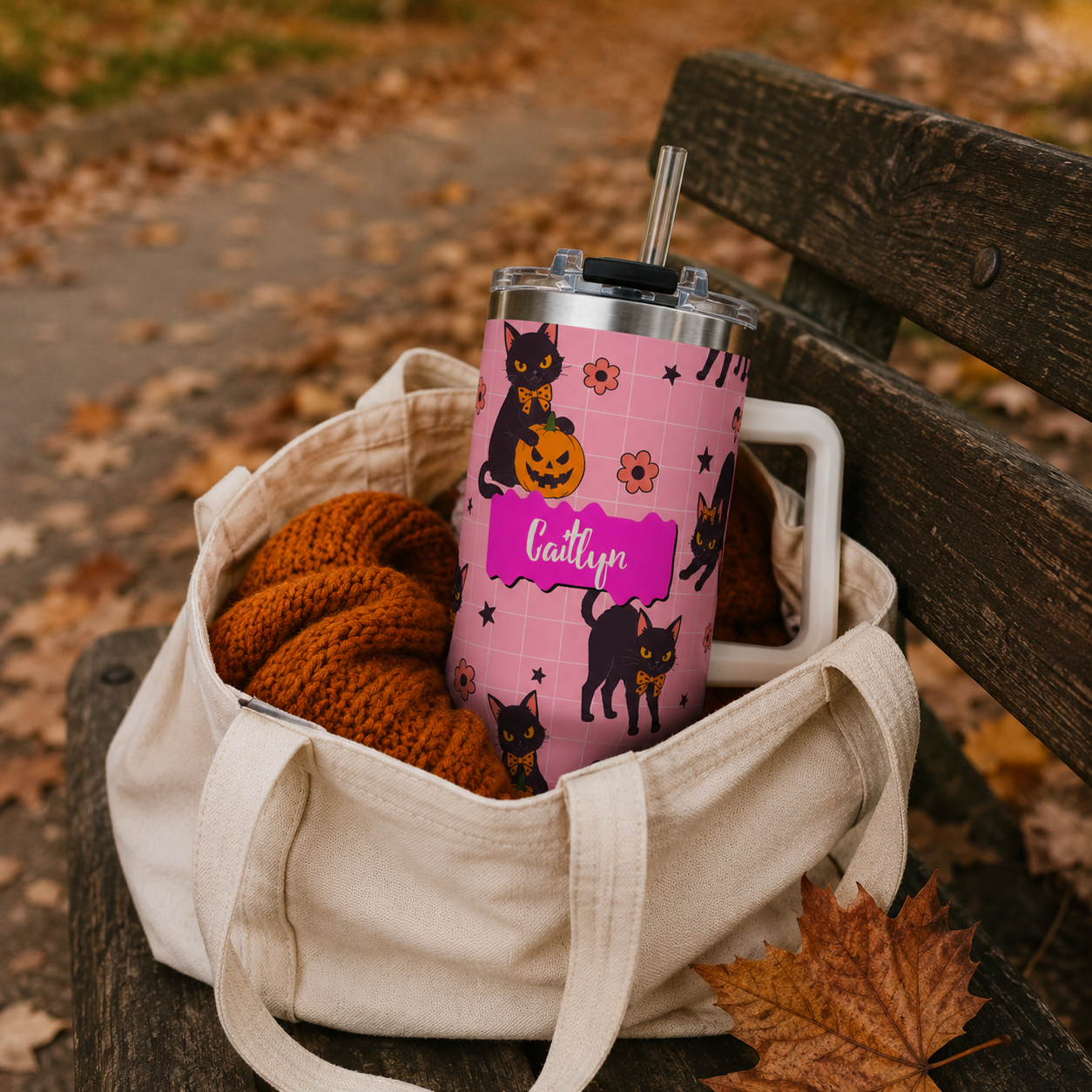 Personalized 40oz Tumbler with Handle - Halloween Black Cat Custom Name