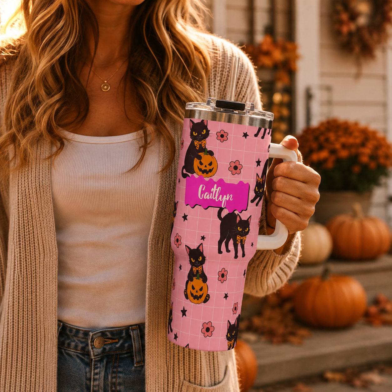 Personalized 40oz Tumbler with Handle - Halloween Black Cat Custom Name